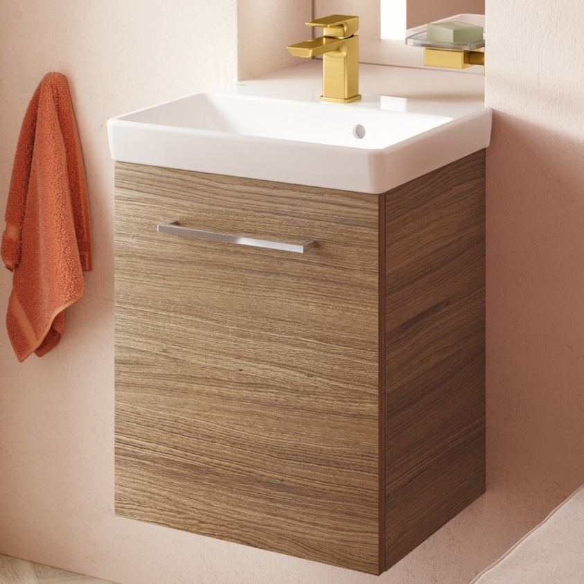 product lifestyle image of villeroy and boch avento 450mm kansas oak wall hung vanity unit and basin